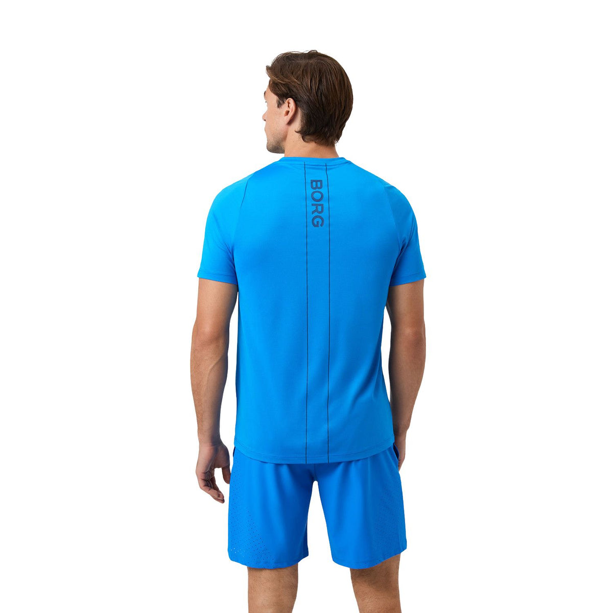 Achterzijde van het helderblauwe Ace V-hals T-shirt met BORG-print op de rug