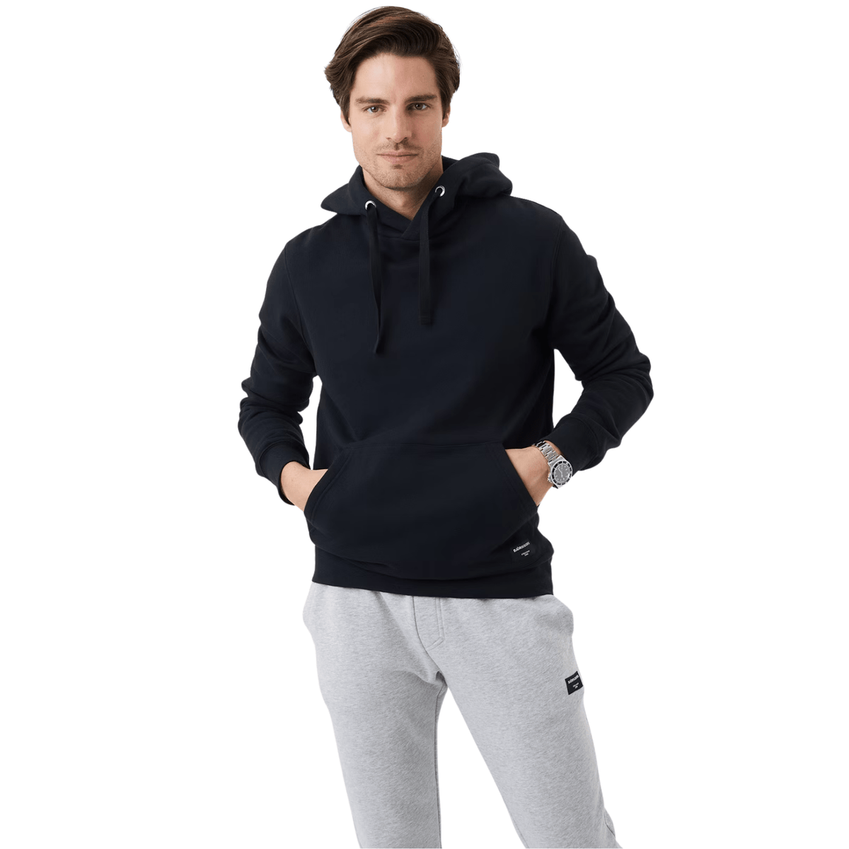 Model draagt de zwarte Bjorn Borg Centre Hoodie met lichtgrijze joggingbroek