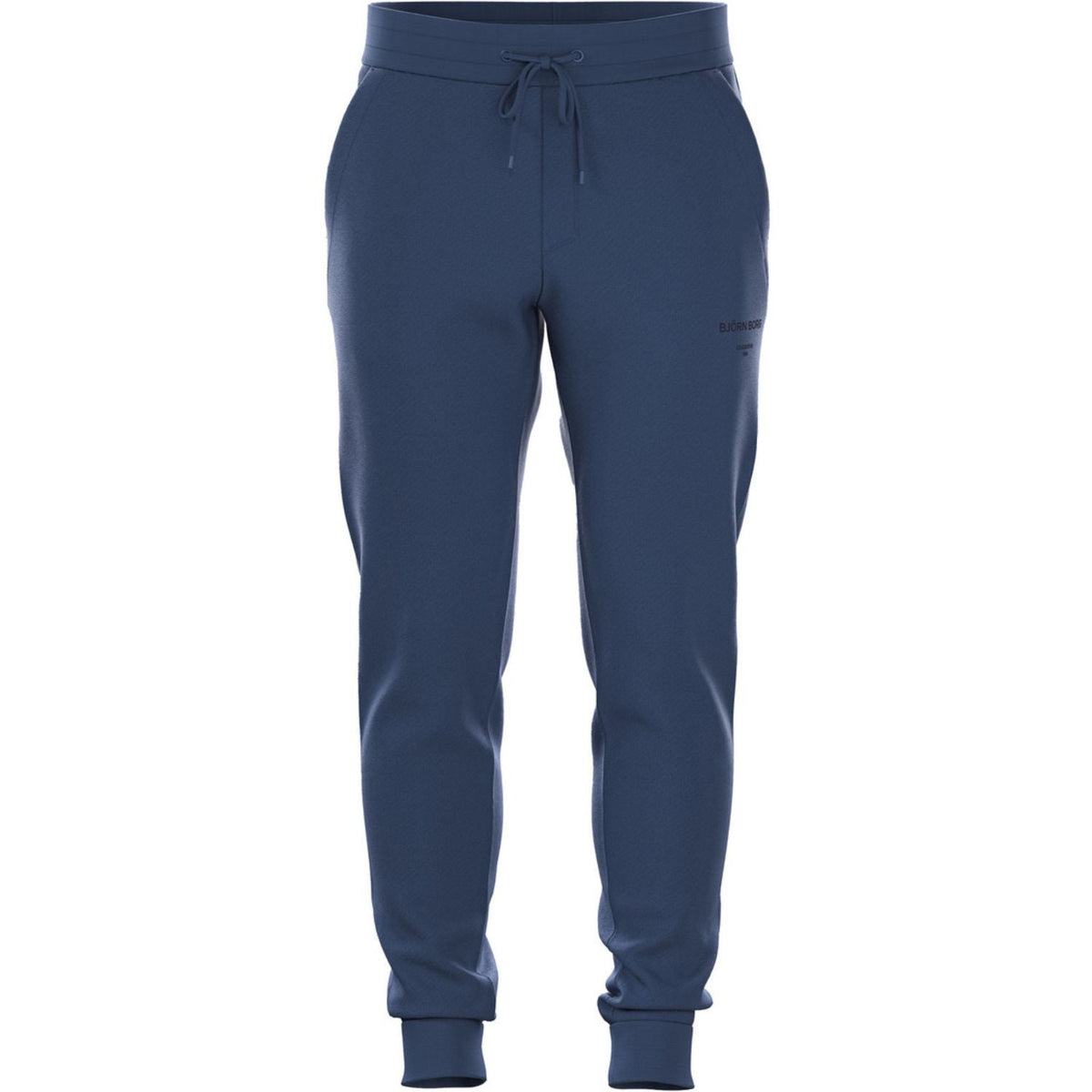 Vooraanzicht van de donkerblauwe Bjorn Borg Essential 1 Pants met trekkoord in de taille