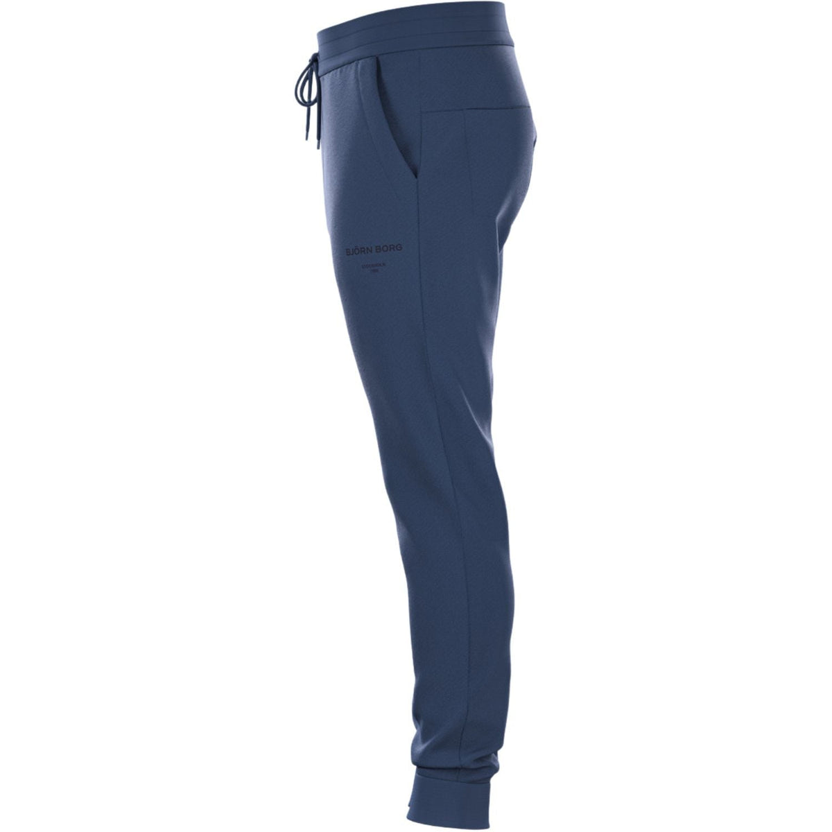 Zijaanzicht van de donkerblauwe Bjorn Borg Essential 1 Pants met steekzak in de zijnaad