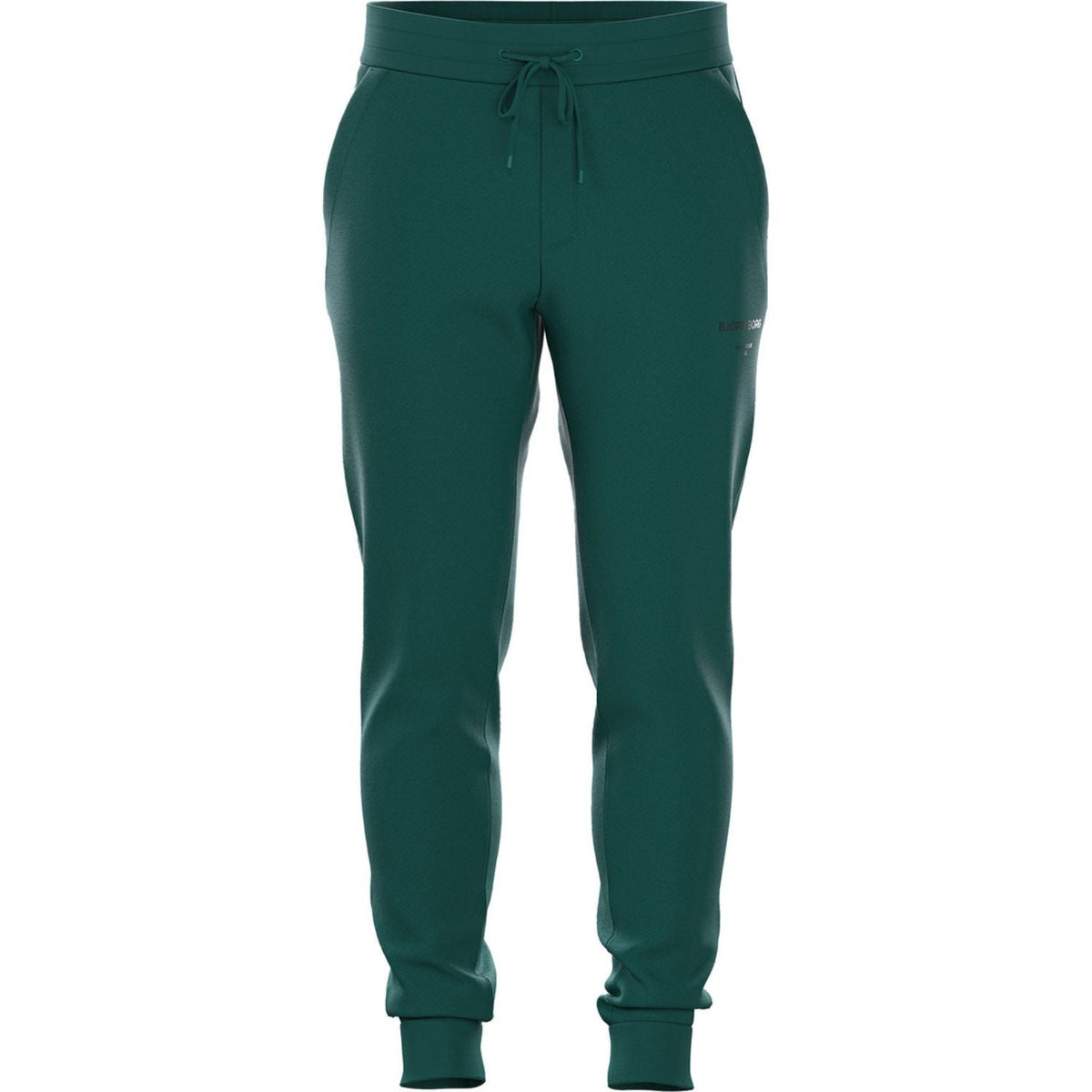 Vooraanzicht van de donkergroene Essential 1 Pants met trekkoord in de brede tailleband