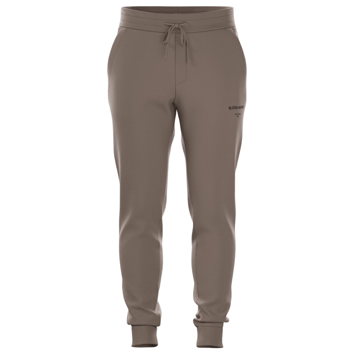 Vooraanzicht van de taupe Bjorn Borg Essential 1 Pants met trekkoord en steekzakken