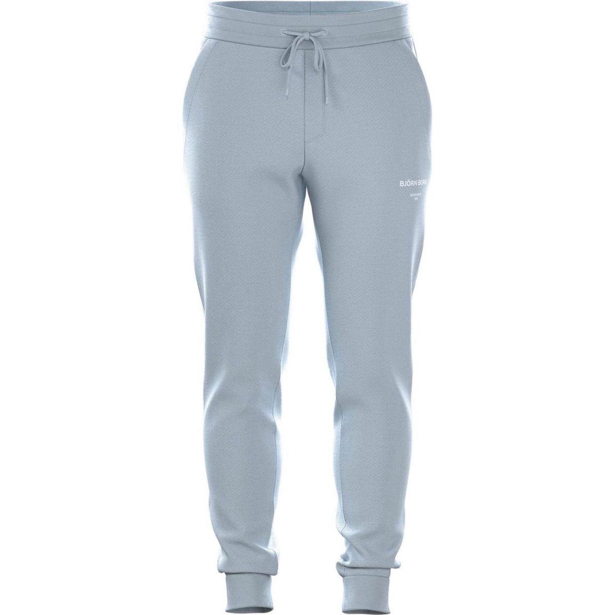 Vooraanzicht van de lichtblauwe Bjorn Borg Essential 1 Pants met trekkoord in de taille