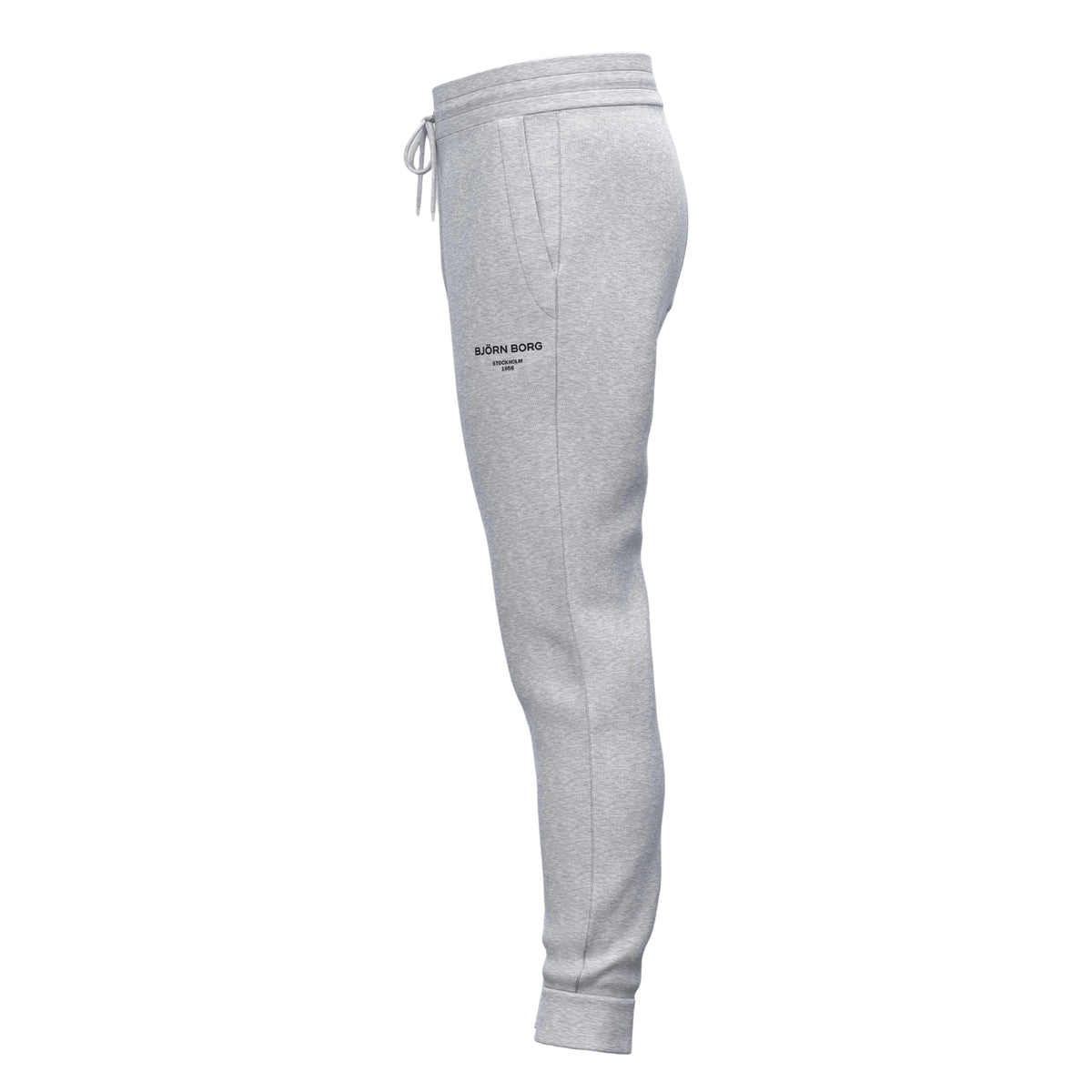 Grijze Bjorn Borg Essential 1 joggingbroek met merknaam op de pijp, zijaanzicht