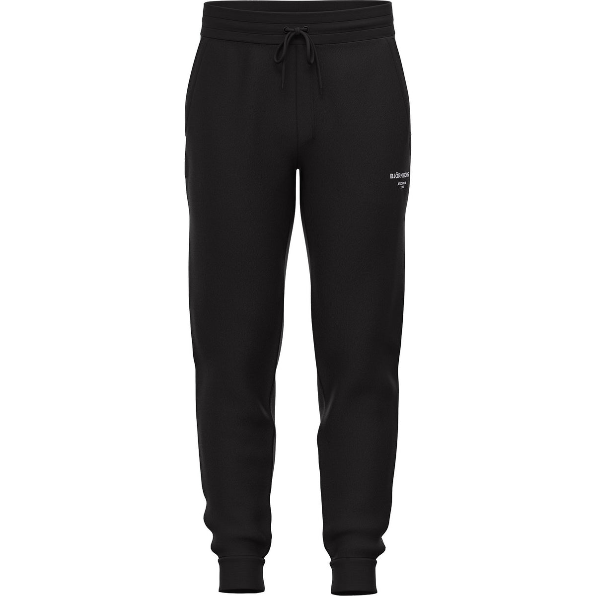 Vooraanzicht van de zwarte Bjorn Borg Essential 1 Tapered Sweatpants met trekkoord