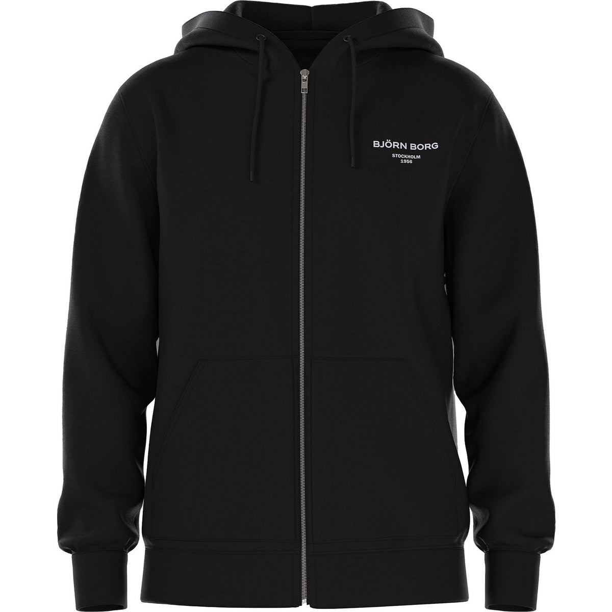 Vooraanzicht van de zwarte Bjorn Borg Essential 1 Zip Hoodie met rits en steekzakken