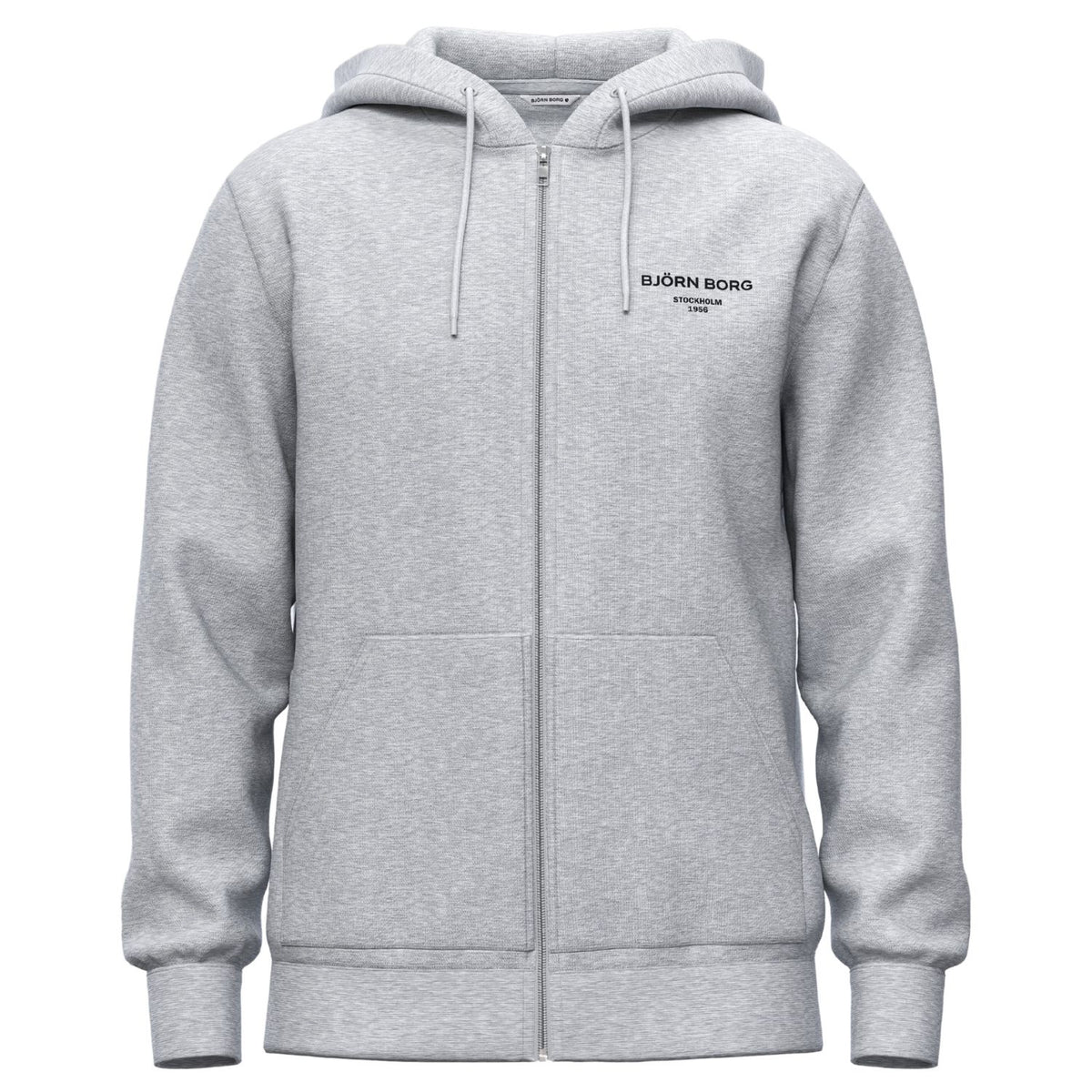 Vooraanzicht van de lichtgrijze Bjorn Borg Essential 1 Zip Hoodie met borstlogo en rits