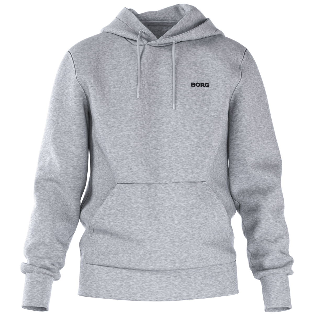 Vooraanzicht van de lichtgrijze Bjorn Borg Essential 4 Hoodie met kangoeroezak en logo