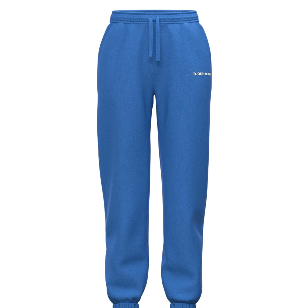 Vooraanzicht van de blauwe Bjorn Borg Essential 4 Sweatpants W met wit logo op de pijp