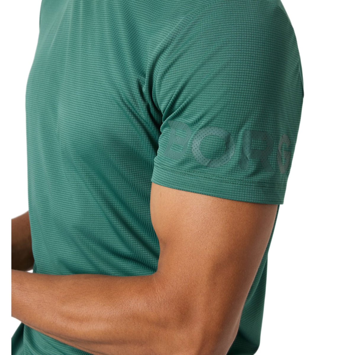 Detail van de mouw met BORG-print op het groene Bjorn Borg Light T-shirt