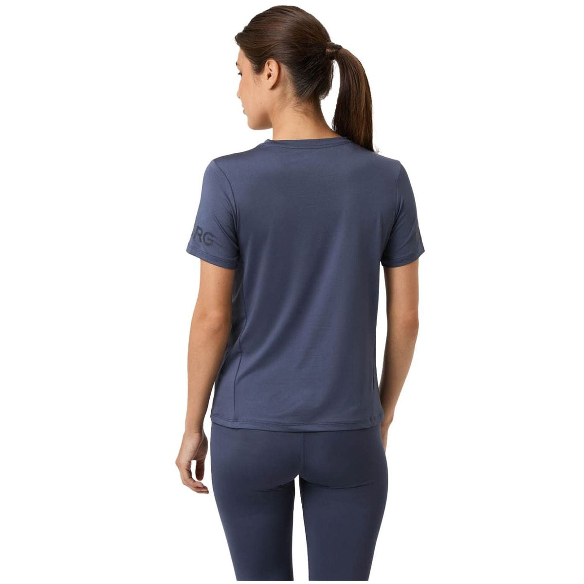 Achteraanzicht van het grijsblauwe Bjorn Borg Light W T-Shirt met donkere legging