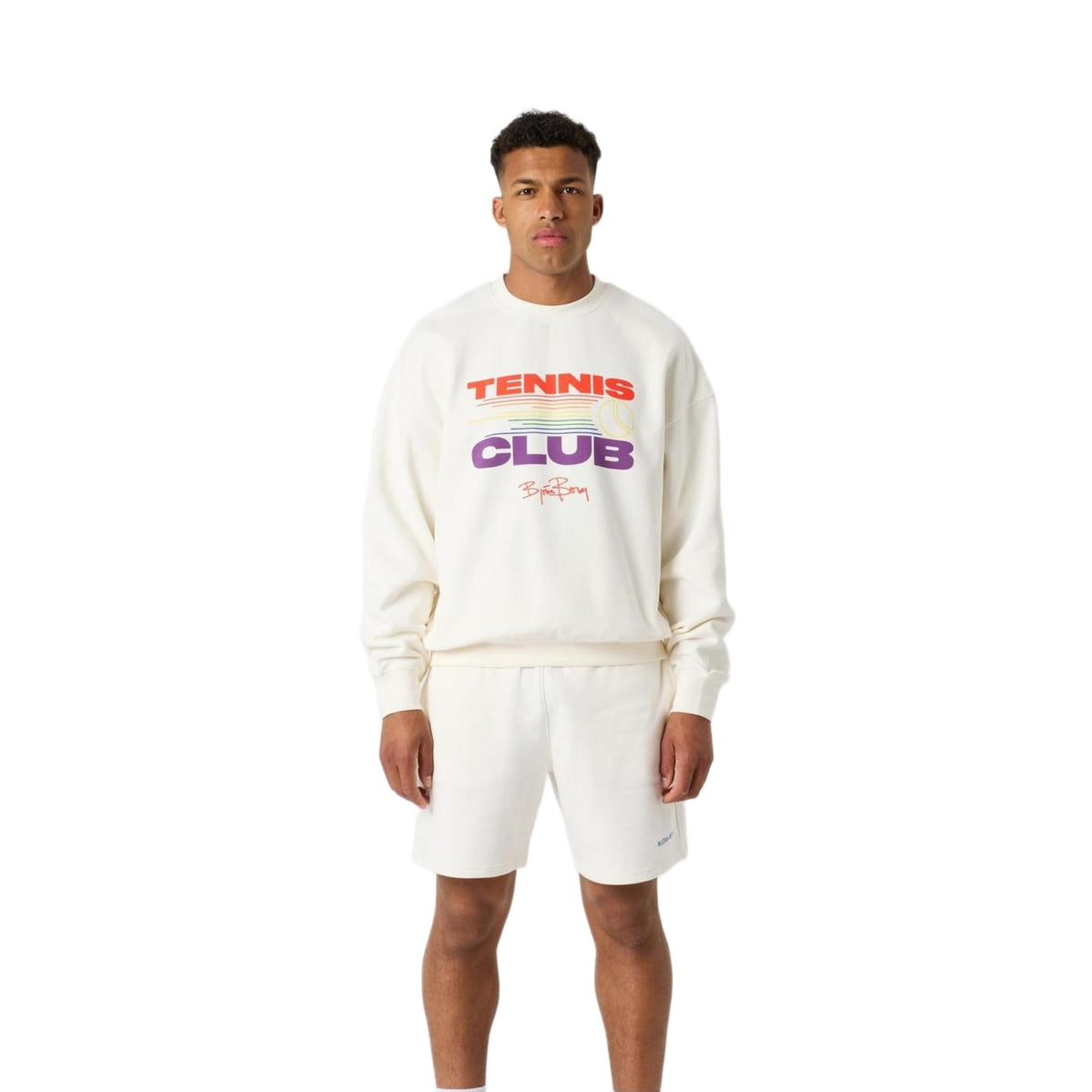 Volledig aanzicht van het gebroken witte Pride Sweatshirt met rode en paarse opdruk