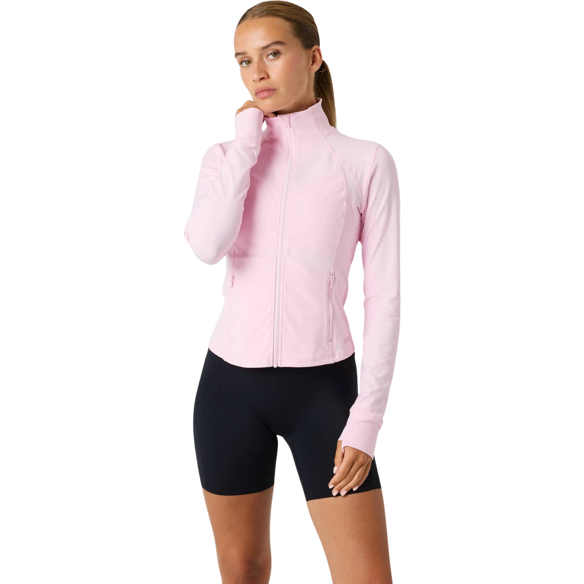 Björn Borg Soft Zip Midlayer roze - vooraanzicht op model