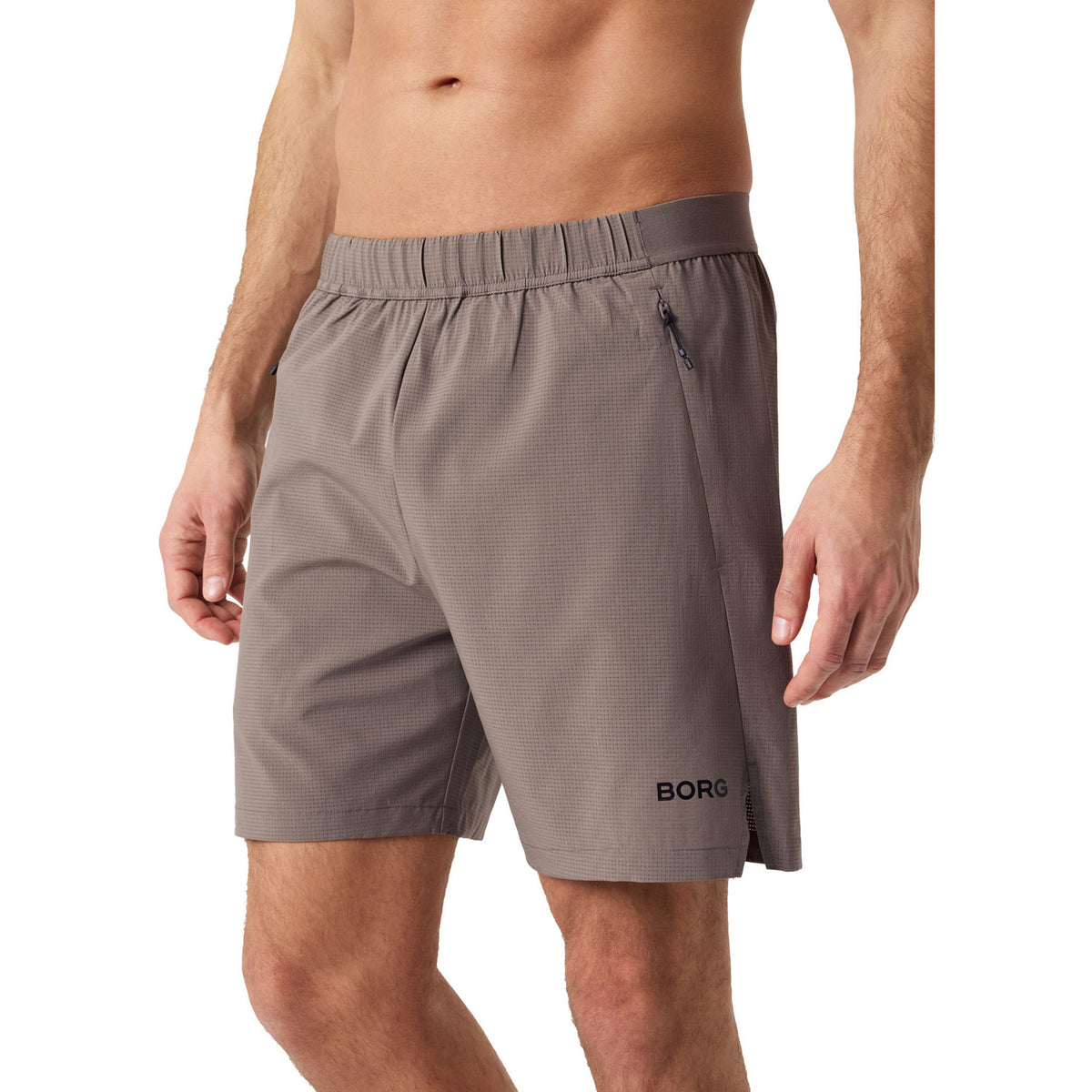 Bjorn Borg Zip short van 7 inch in taupegrijs, vooraanzicht met BORG-logo