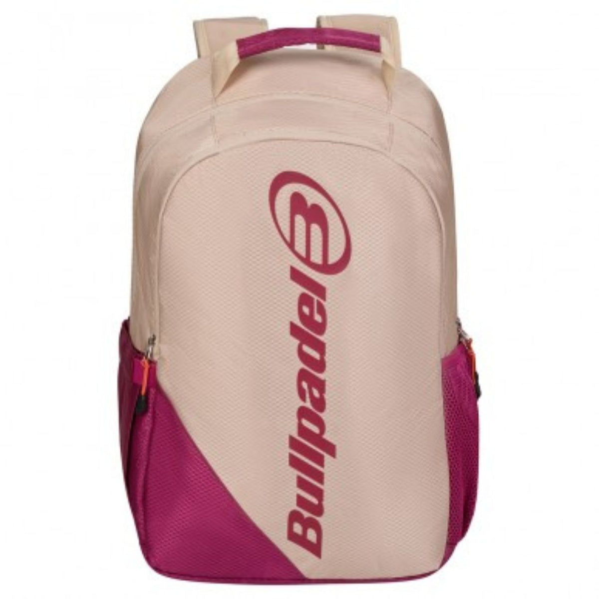 Vooraanzicht van de beige Bullpadel Backpack Advance 2026 met fuchsiaroze onderkant.