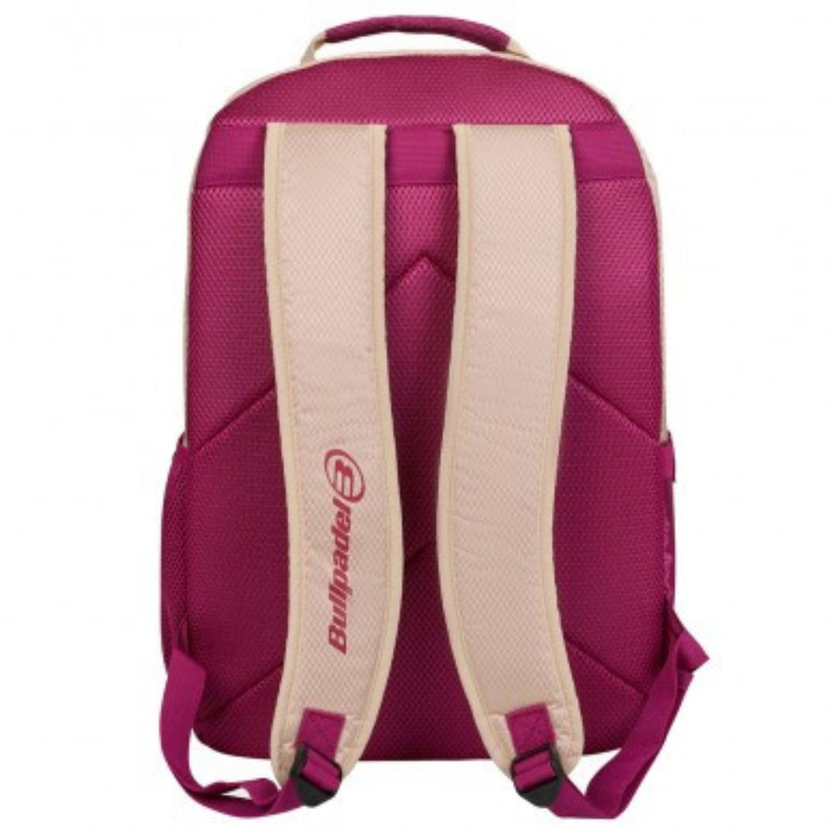 Achterzijde van de fuchsiaroze Bullpadel Advance 2026 rugzak met beige draagbanden.