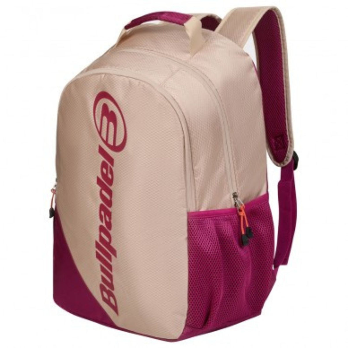 Schuin zijaanzicht van de beige-roze Bullpadel Advance 2026 rugzak met zijvakken.