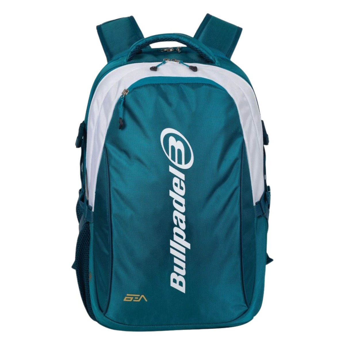 Vooraanzicht van de petrolblauwe Bullpadel Backpack Pearl met witte zijpanelen.