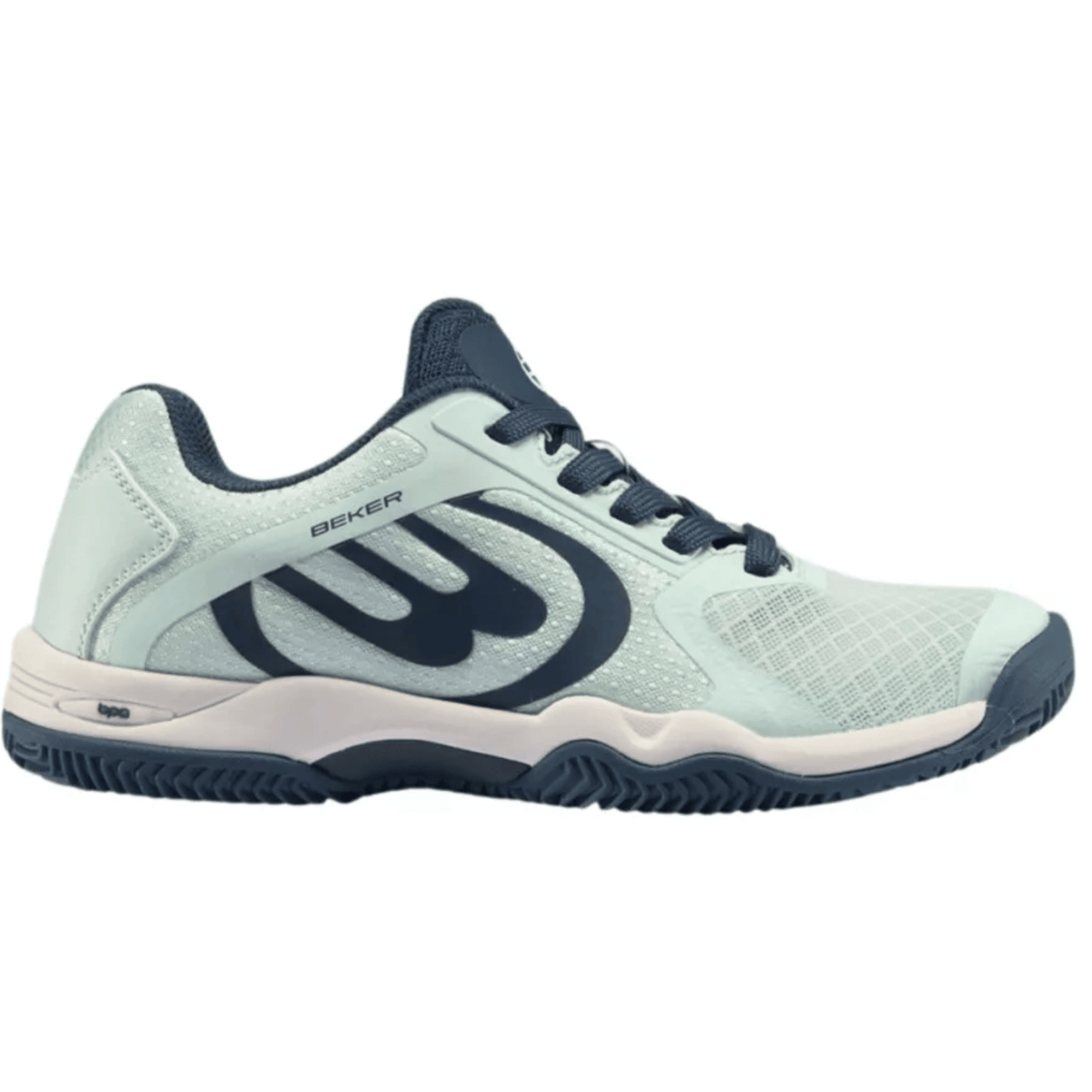 Zijaanzicht van de Bullpadel Beker W 24i in lichtmint met donkerblauw logo en donkerblauwe zool
