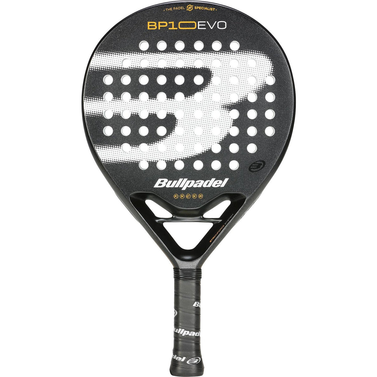 Bullpadel BP10 EVO 25 padelracket in zwart met wit slagvlakpatroon, vooraanzicht