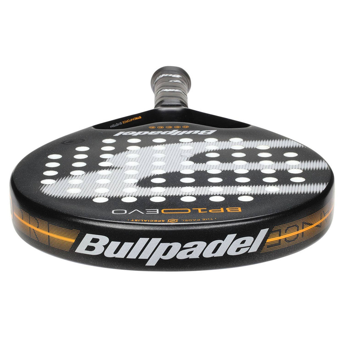 Bovenaanzicht van het Bullpadel BP10 EVO 25 met witte Bullpadel-opdruk op de framerand