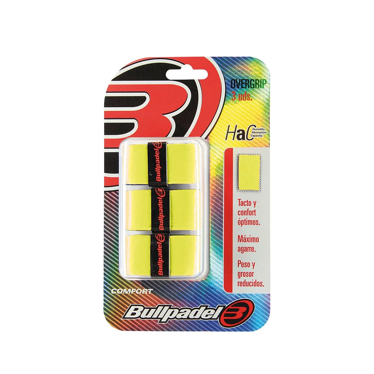 Bullpadel Comfort overgrips Neon Yellow, verpakking met drie neongele overgrips