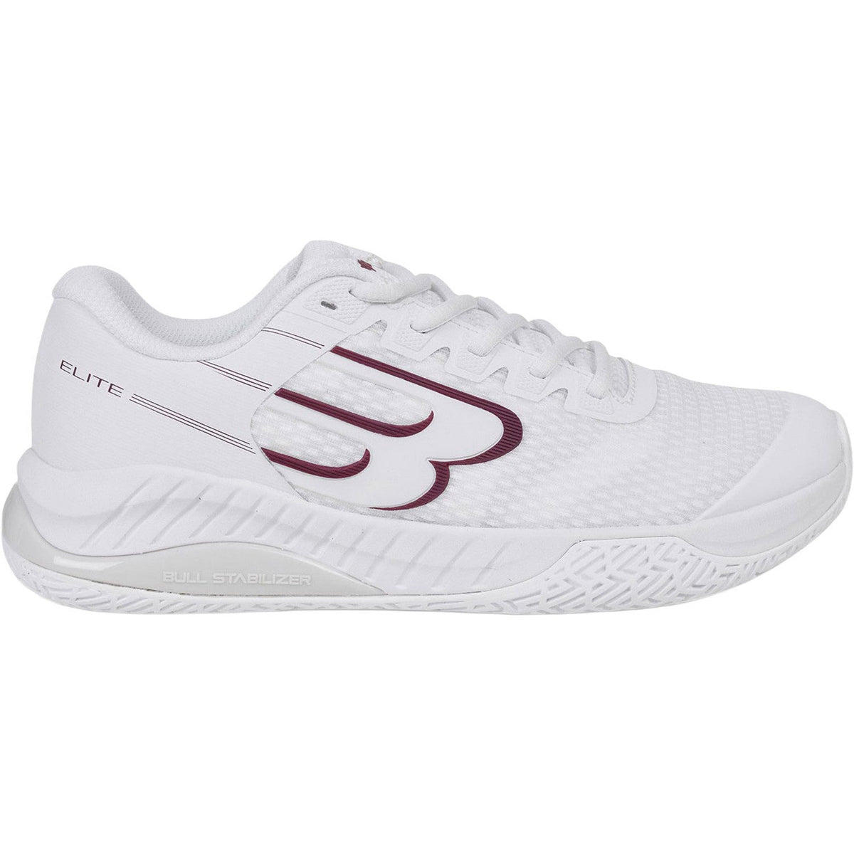 Zijaanzicht van de witte Bullpadel Elite 25I met bordeauxrood logo op de zijkant