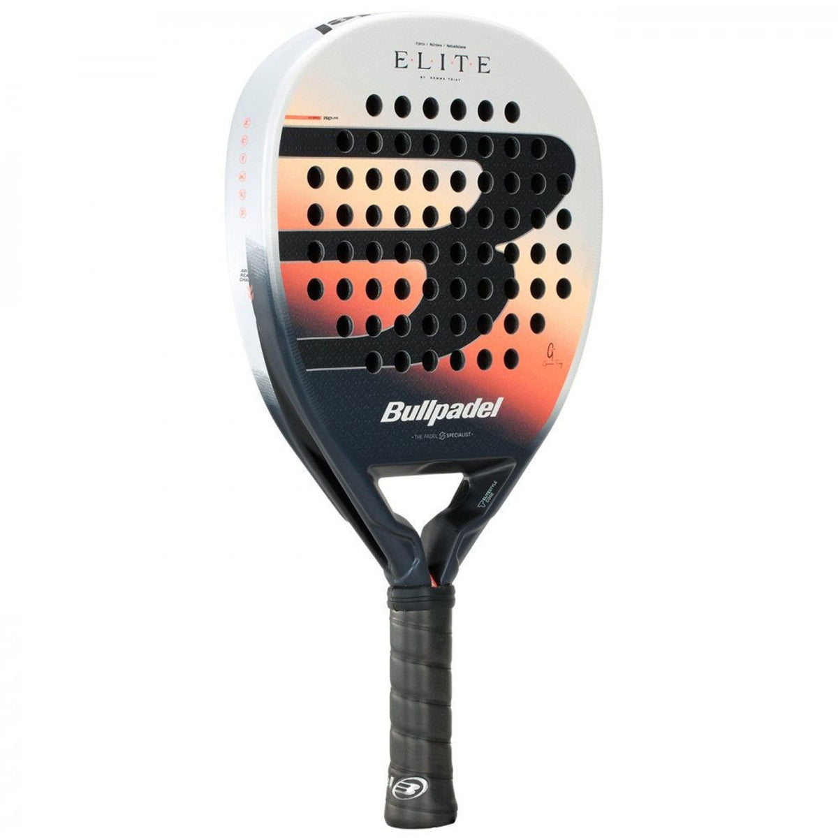 Bullpadel Elite W 26 padelracket schuin vooraanzicht, hybridevorm in wit en oranje