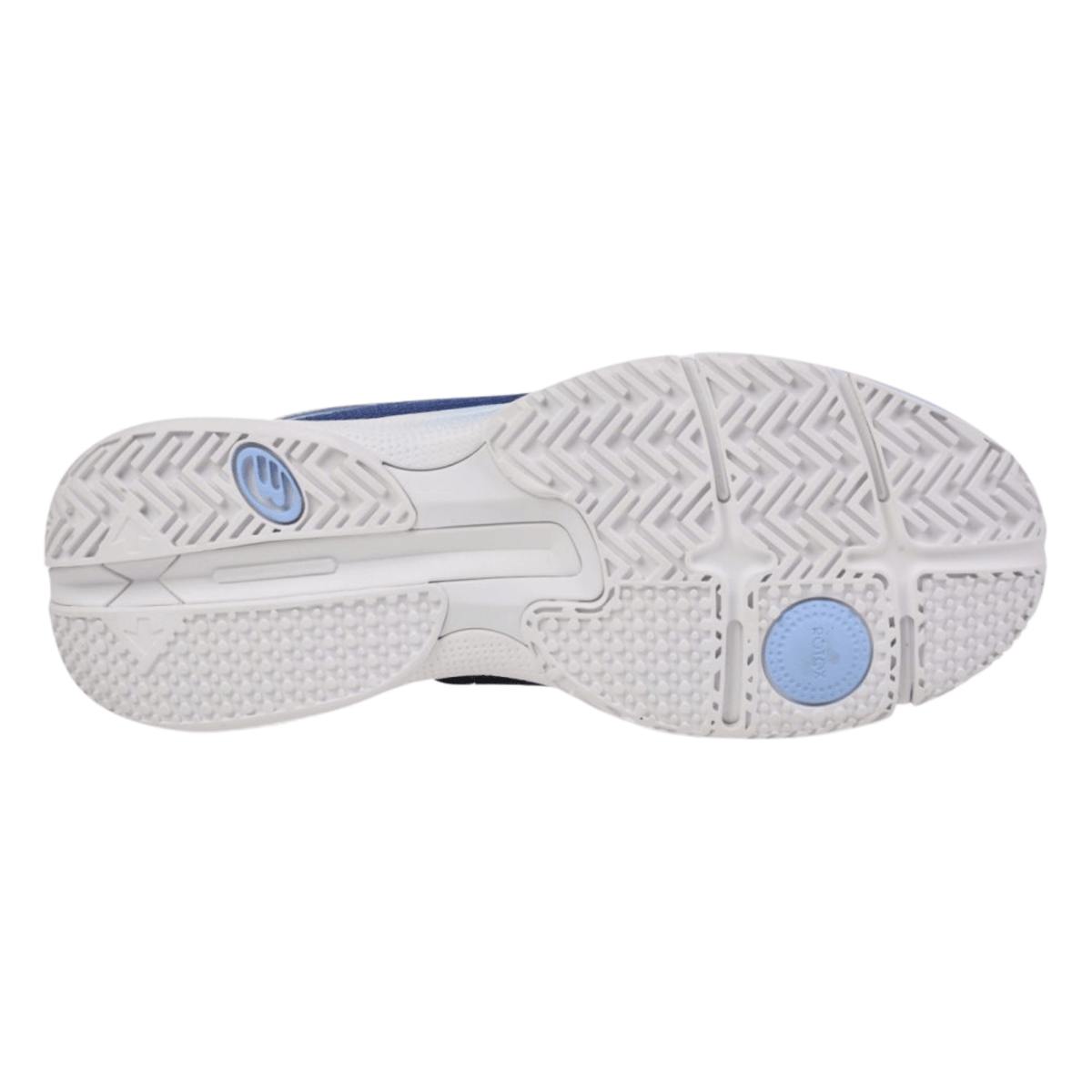 Zool van de witte Bullpadel Flow 25I W met visgraatprofiel en lichtblauwe ronde zoolpads