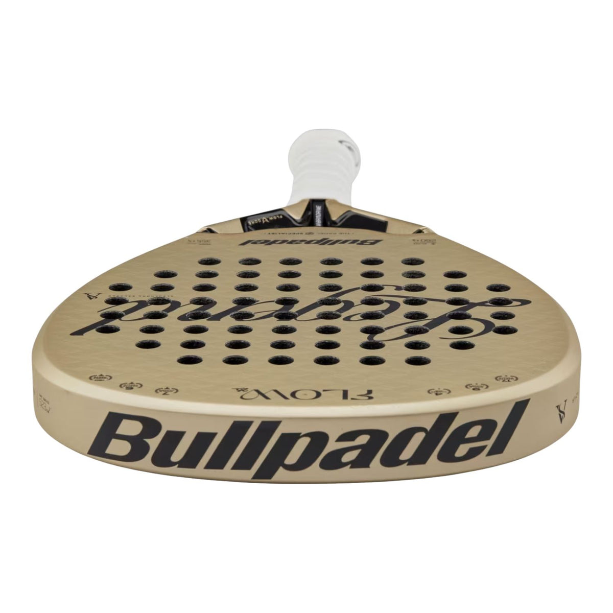 Bullpadel Flow 27 padelracket liggend met Bullpadel-wordmark op de framerand