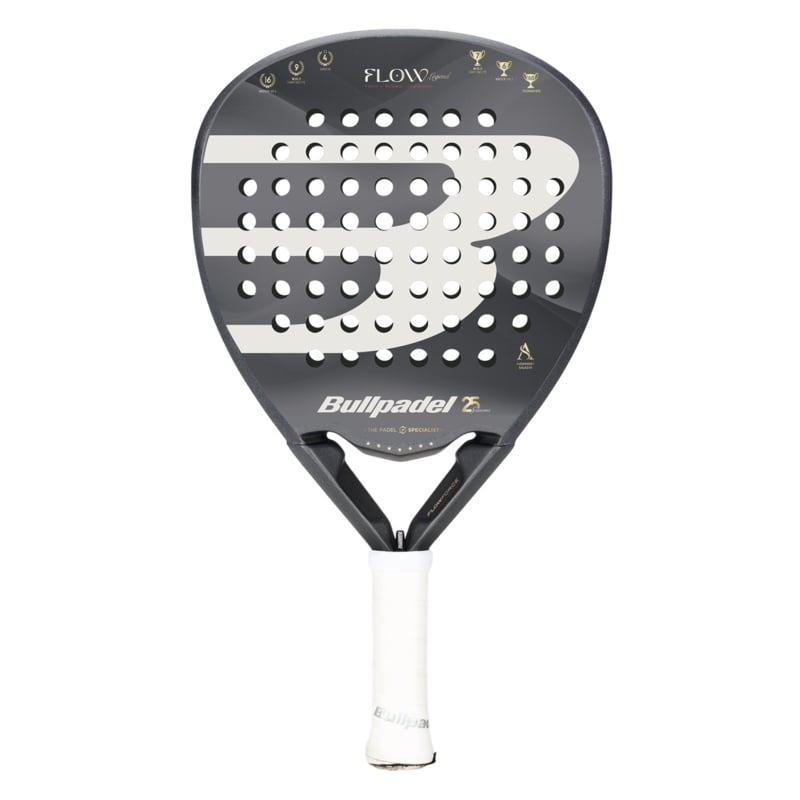 Bullpadel Flow Legend 26 dames padelracket in grijs met wit patroon, vooraanzicht