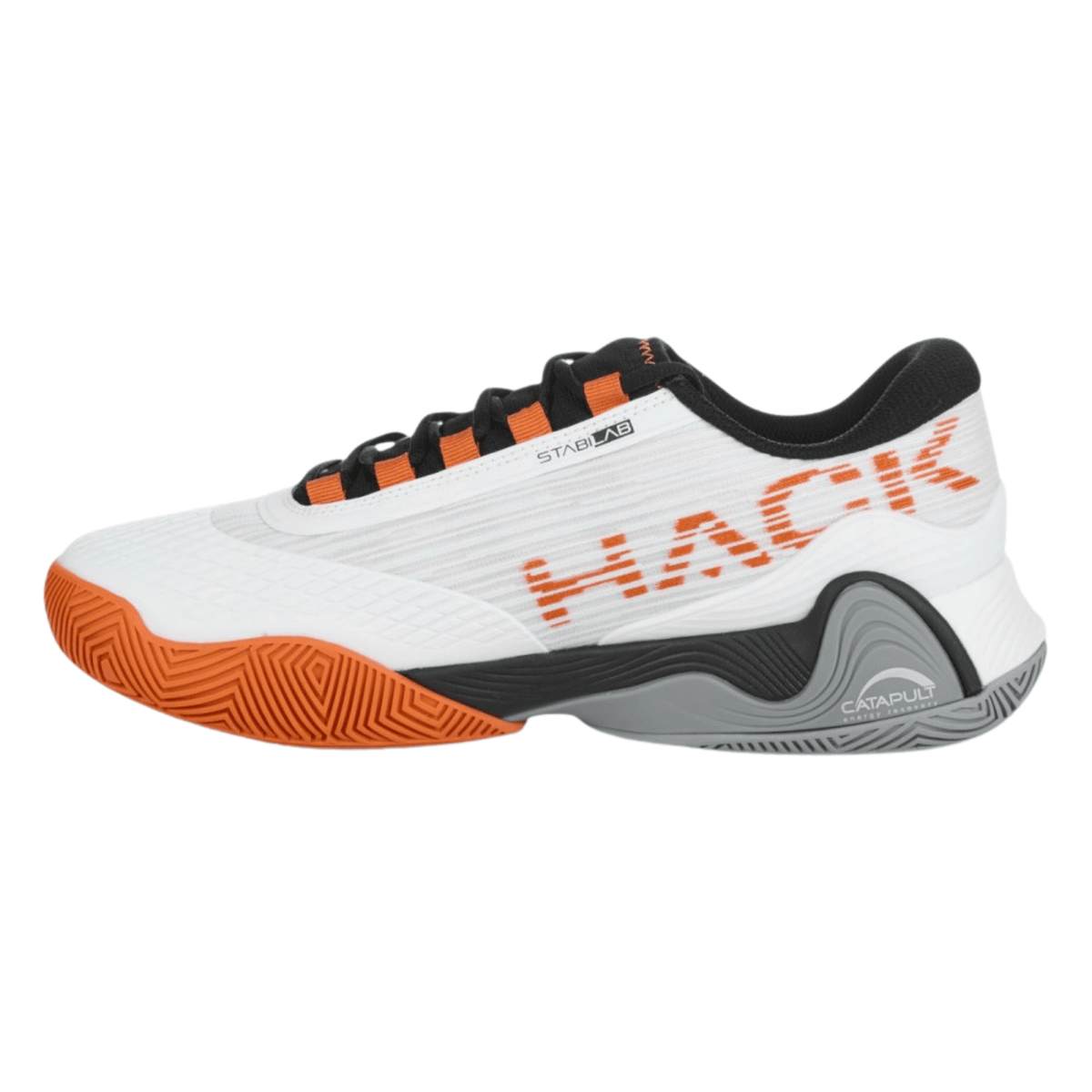 Binnenzijde van de witte Bullpadel Hack Vibram 25I met oranje HACK-opdruk