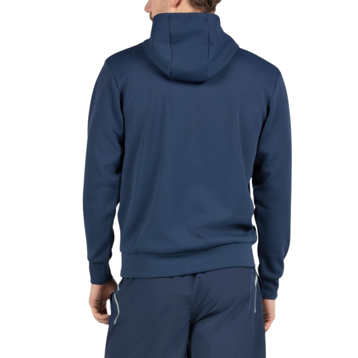 Achterzijde van de donkerblauwe Bullpadel Albier hoodie met capuchon