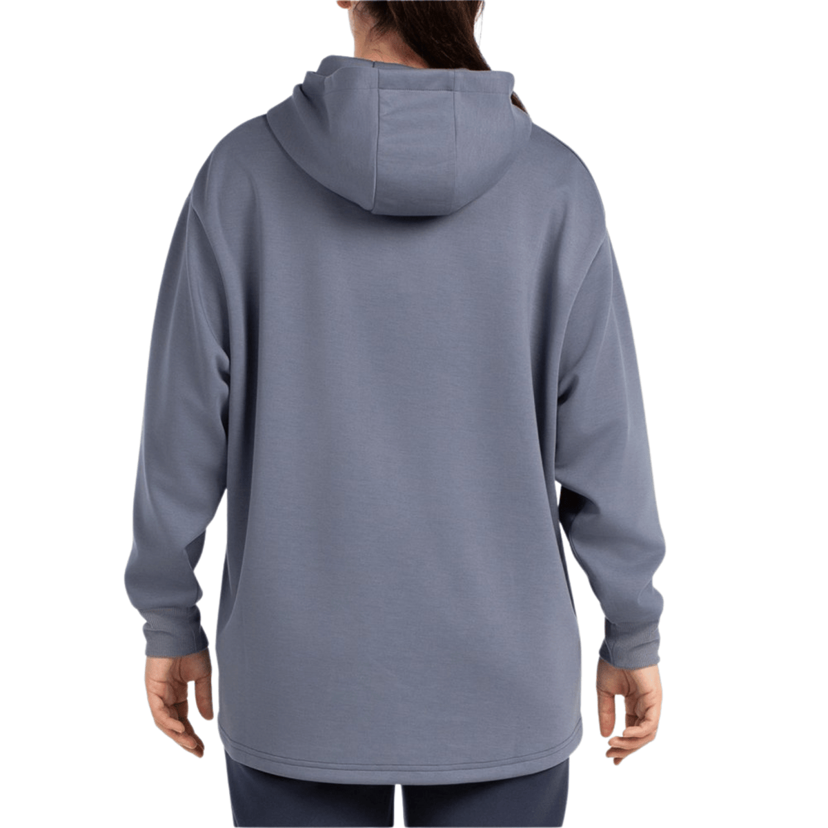 Achterzijde van de blauwgrijze Bullpadel Hoodie Batir met capuchon op het model