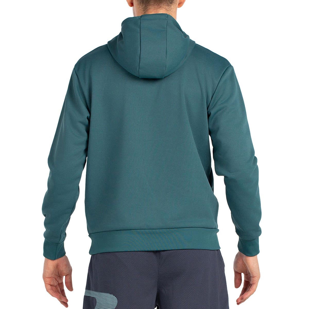 Achterzijde van de petrolkleurige Bullpadel Hoodie Binee met capuchon op het model