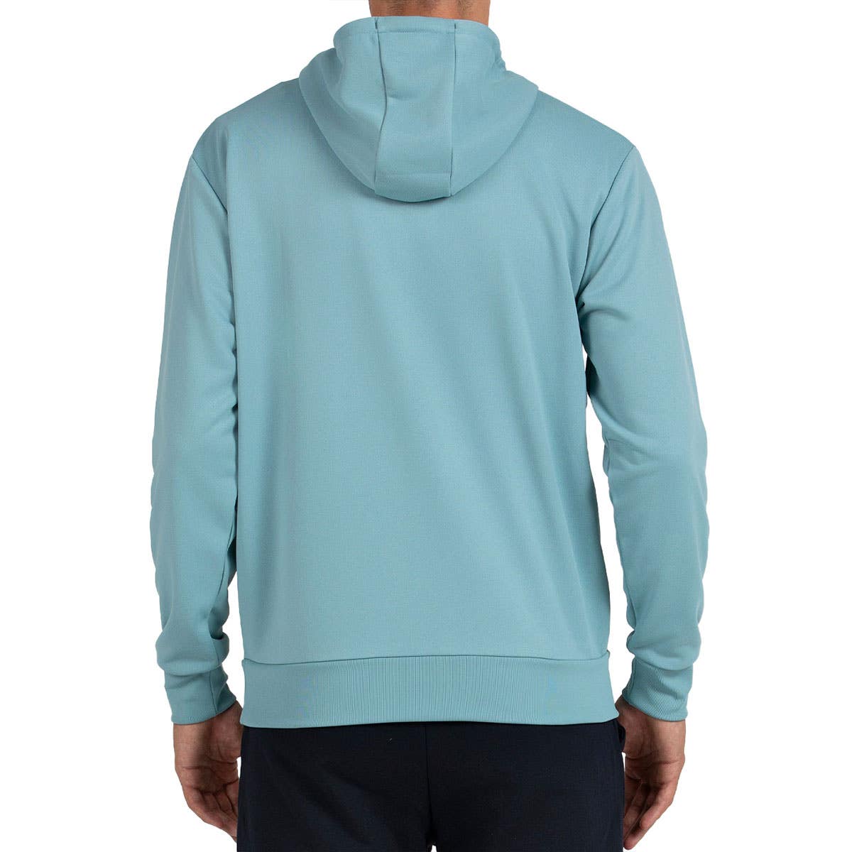 Achterzijde van de aquablauwe Bullpadel Hoodie Binee met capuchon, zonder opdruk