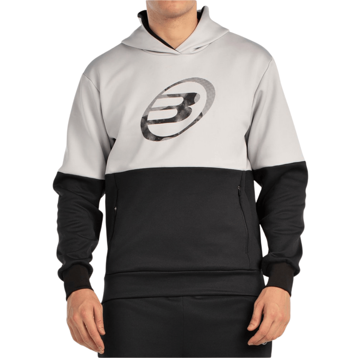 Vooraanzicht van de grijs met zwarte Bullpadel Hoodie Boyal met groot logo