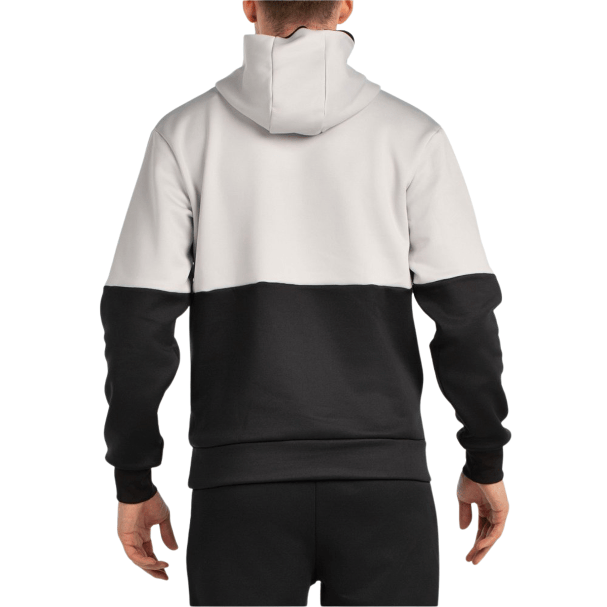 Achterzijde van de grijs met zwarte Bullpadel Hoodie Boyal met capuchon omhoog