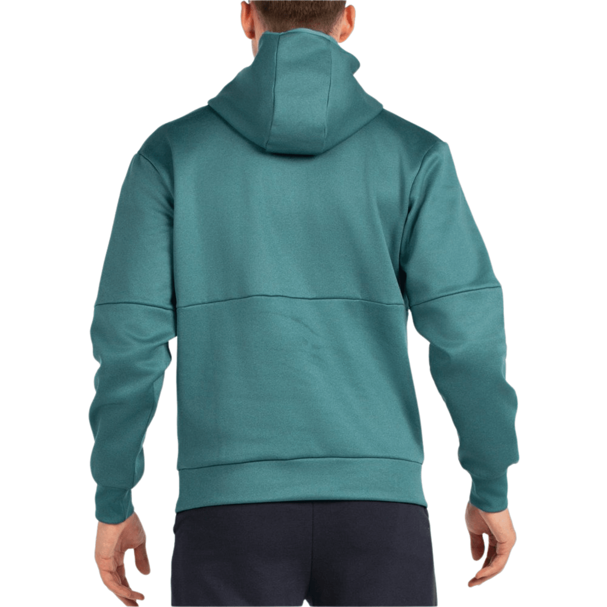 Achterzijde van de petrolgroene Bullpadel Hoodie Boyal met capuchon op het model
