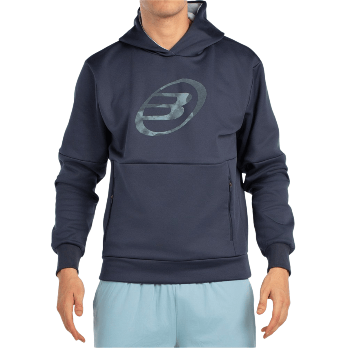 Vooraanzicht van de donkerblauwe Bullpadel Hoodie Boyal met logo in dezelfde tint