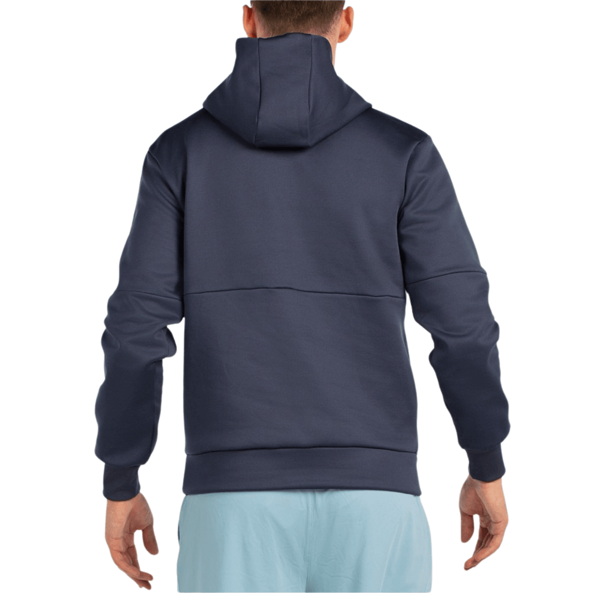 Achterzijde van de donkerblauwe Bullpadel Hoodie Boyal met capuchon en geribde zoom