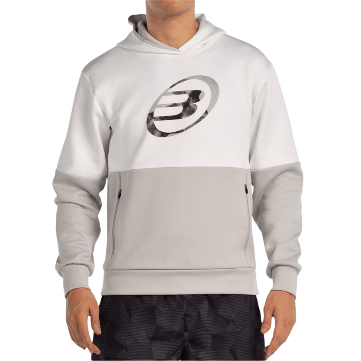 Vooraanzicht van de wit met beige Bullpadel Hoodie Boyal met groot logo op de borst