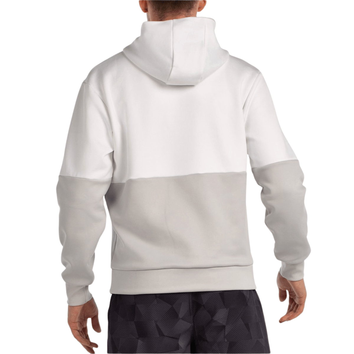 Achterkant van de wit met beige Bullpadel Hoodie Boyal met capuchon op het model