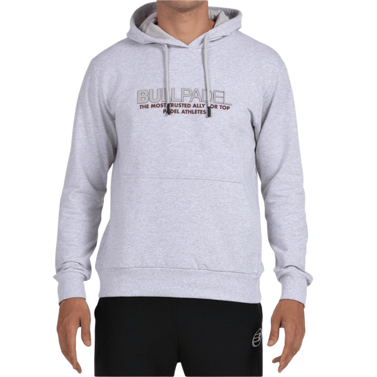 Vooraanzicht van de lichtgrijze Bullpadel Hoodie Boyen met tekstopdruk op de borst