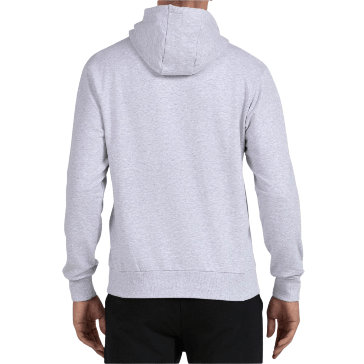 Achterzijde van de lichtgrijze Bullpadel Hoodie Boyen met capuchon op het model