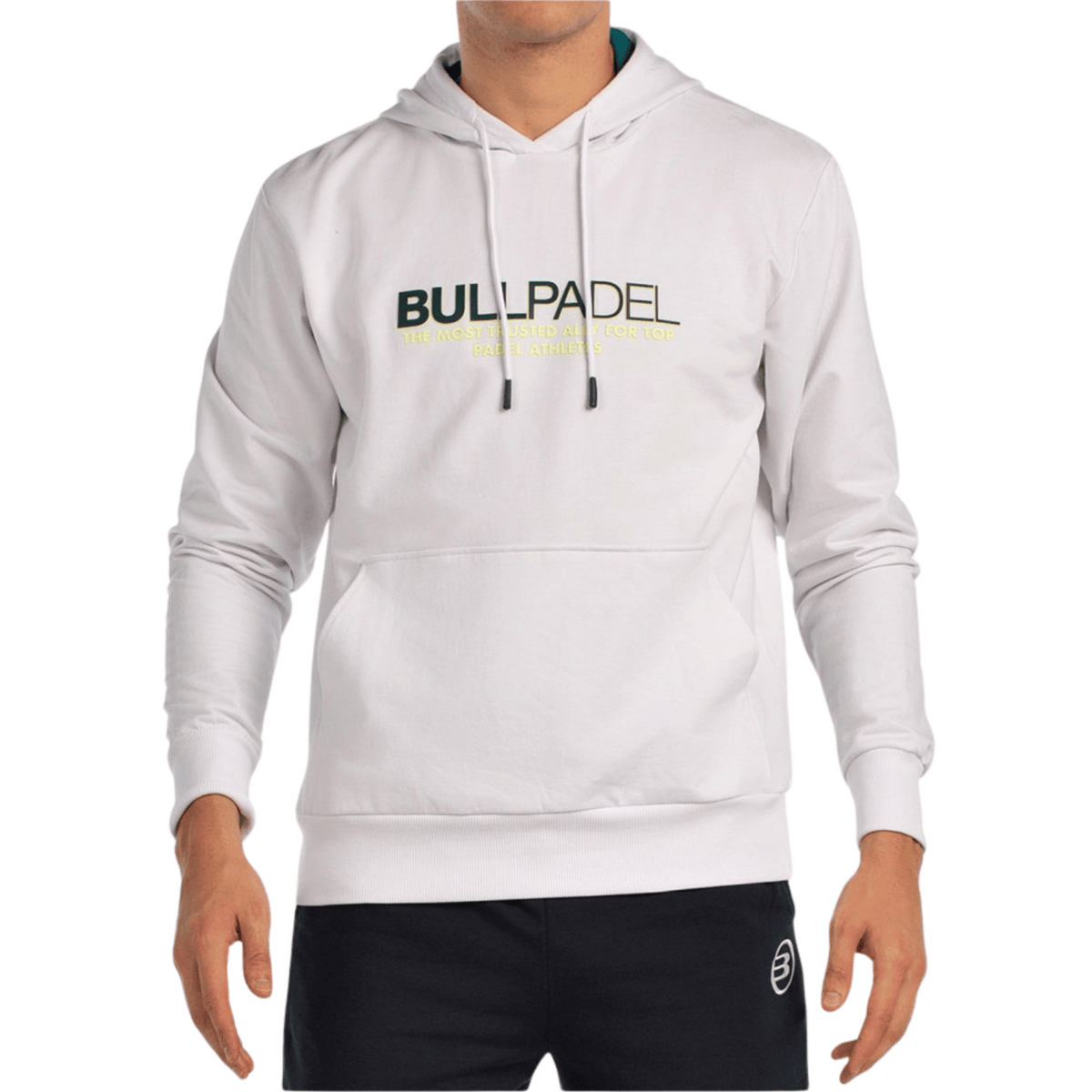 Vooraanzicht van de witte Bullpadel Hoodie Boyen met Bullpadel-opdruk op de borst