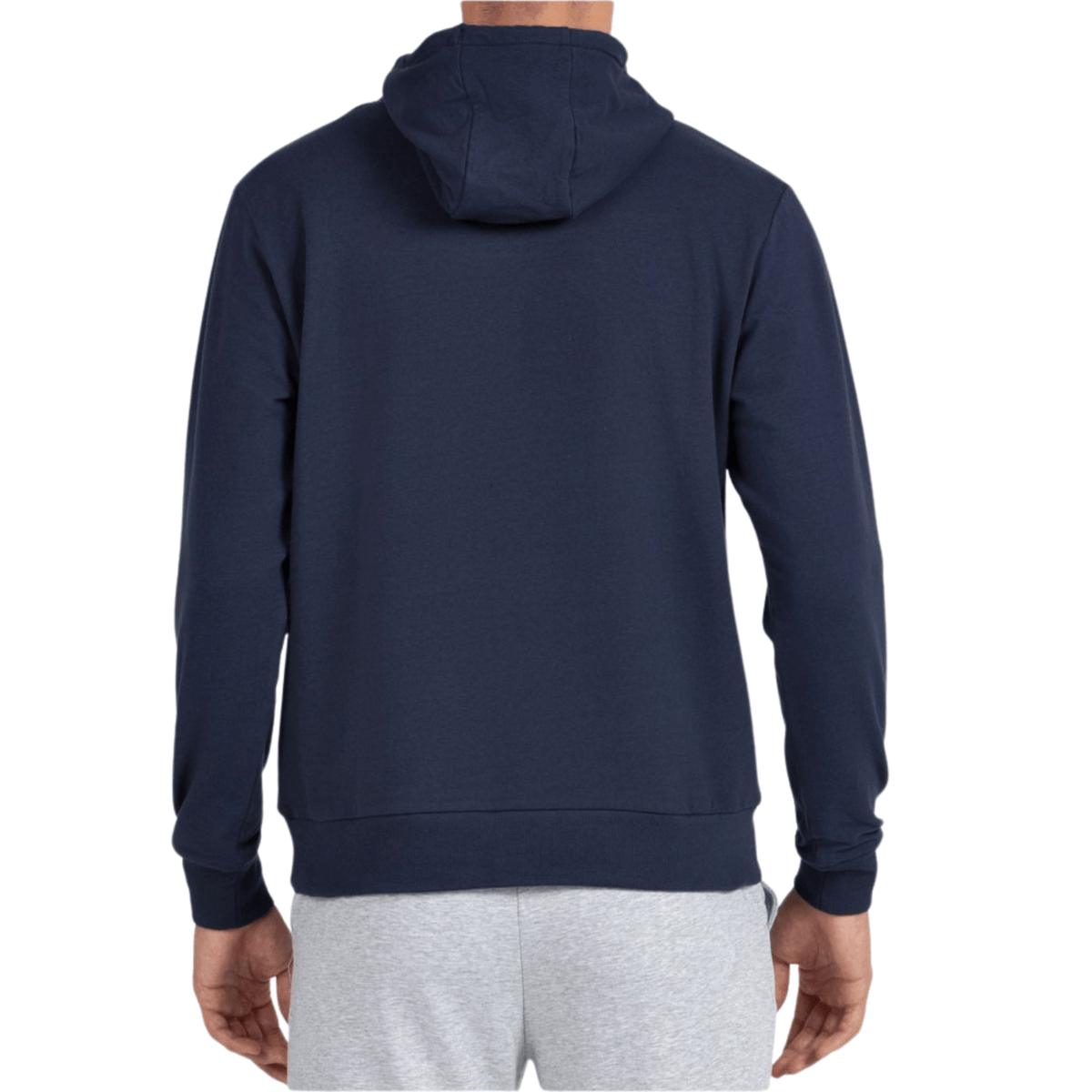 Achterzijde van de donkerblauwe Bullpadel Hoodie Boyen met capuchon op het model