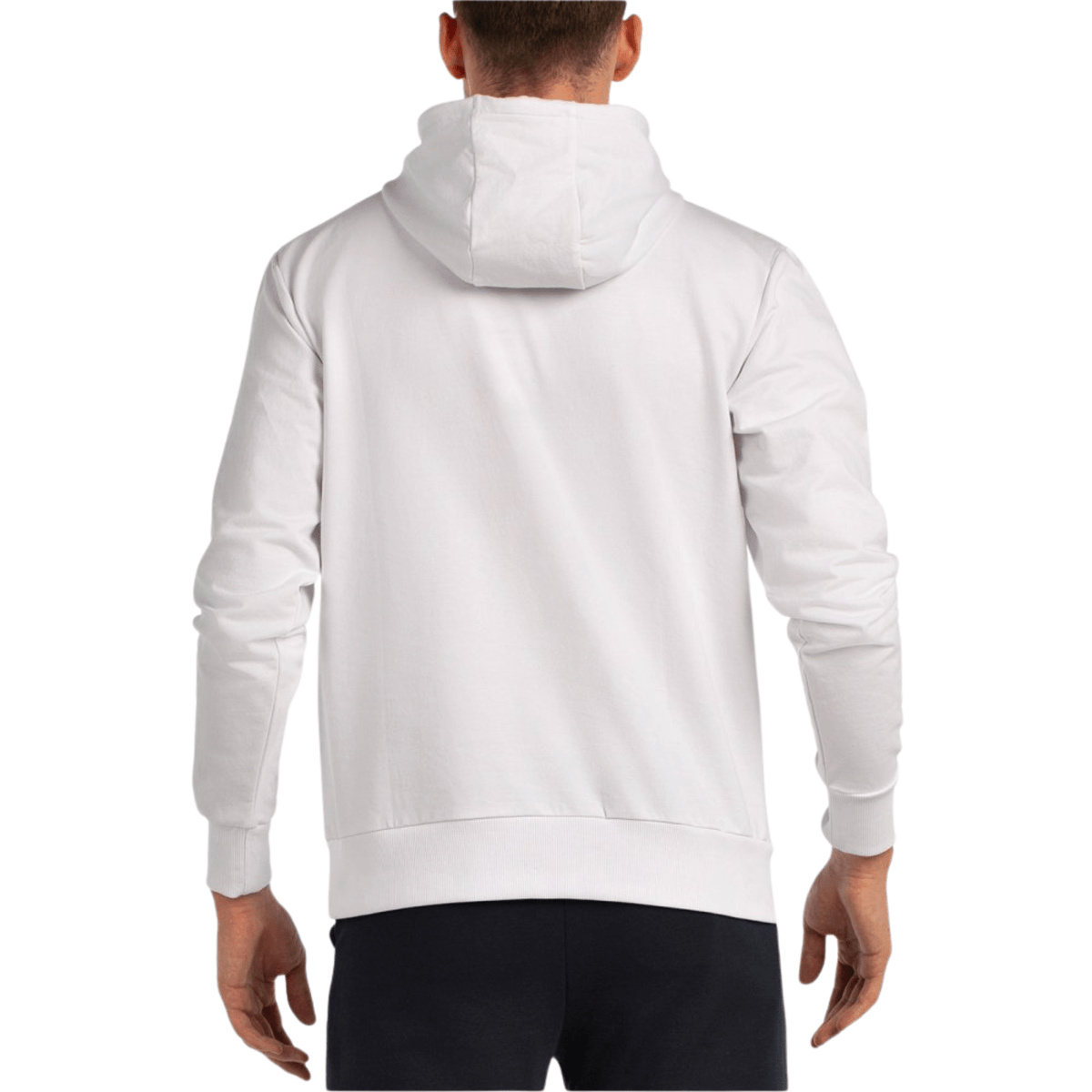 Achterkant van de witte Bullpadel Hoodie Boyen met capuchon, gedragen door een model