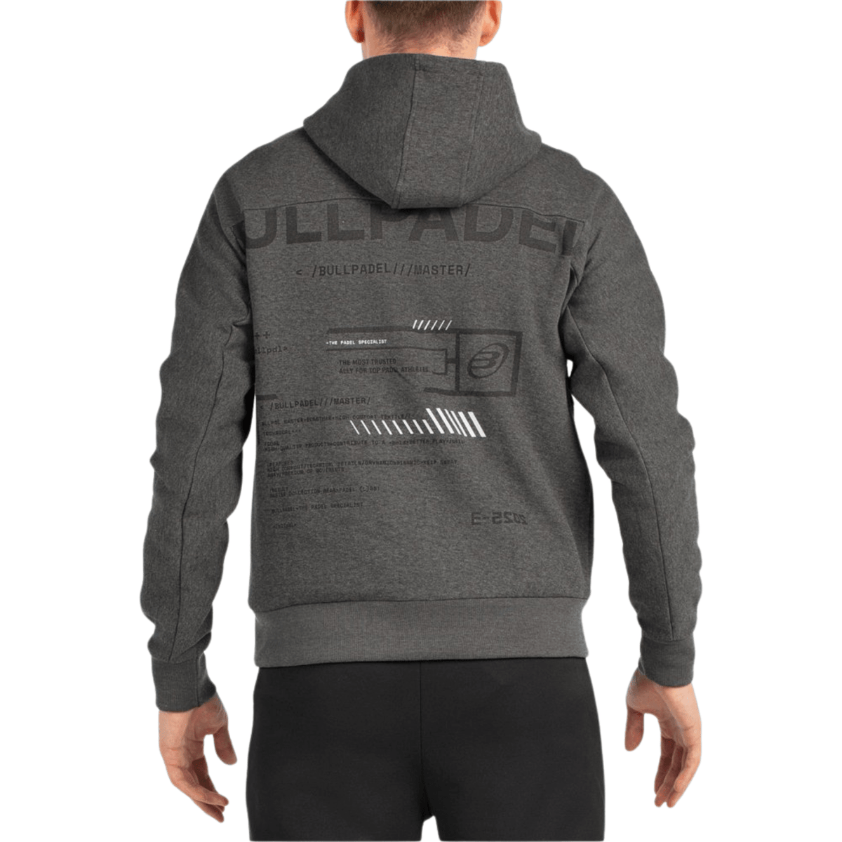 Achterkant van de antracietgrijze Bullpadel Hoodie Breas met tekstopdruk op de rug