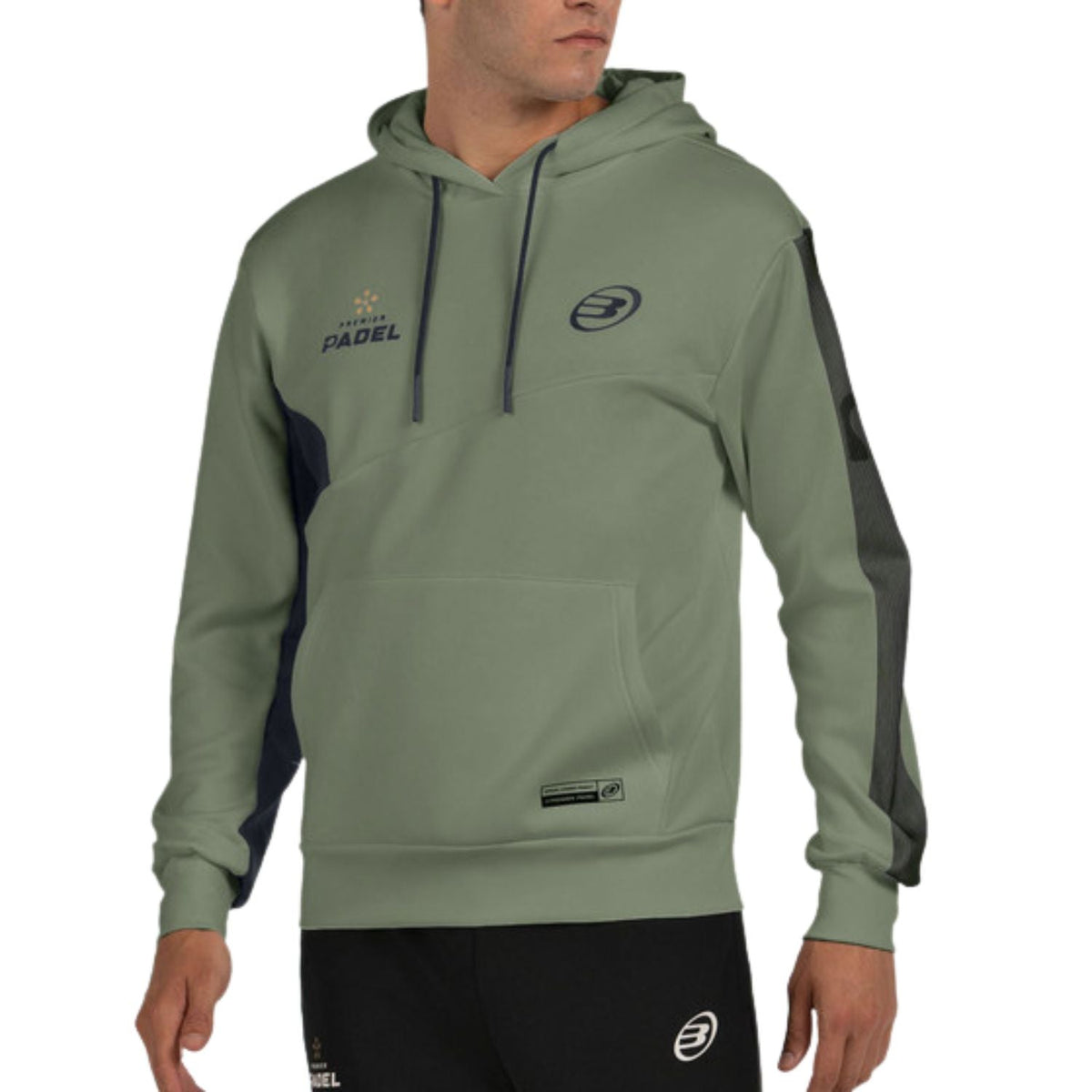 Kakigroene Bullpadel Palmiro hoodie schuin met donkerblauw schouderpaneel